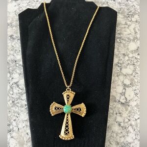 Rare  Vintage 3" Filagree Cross with Beautiful Green  Stone  30” Chain Necklace